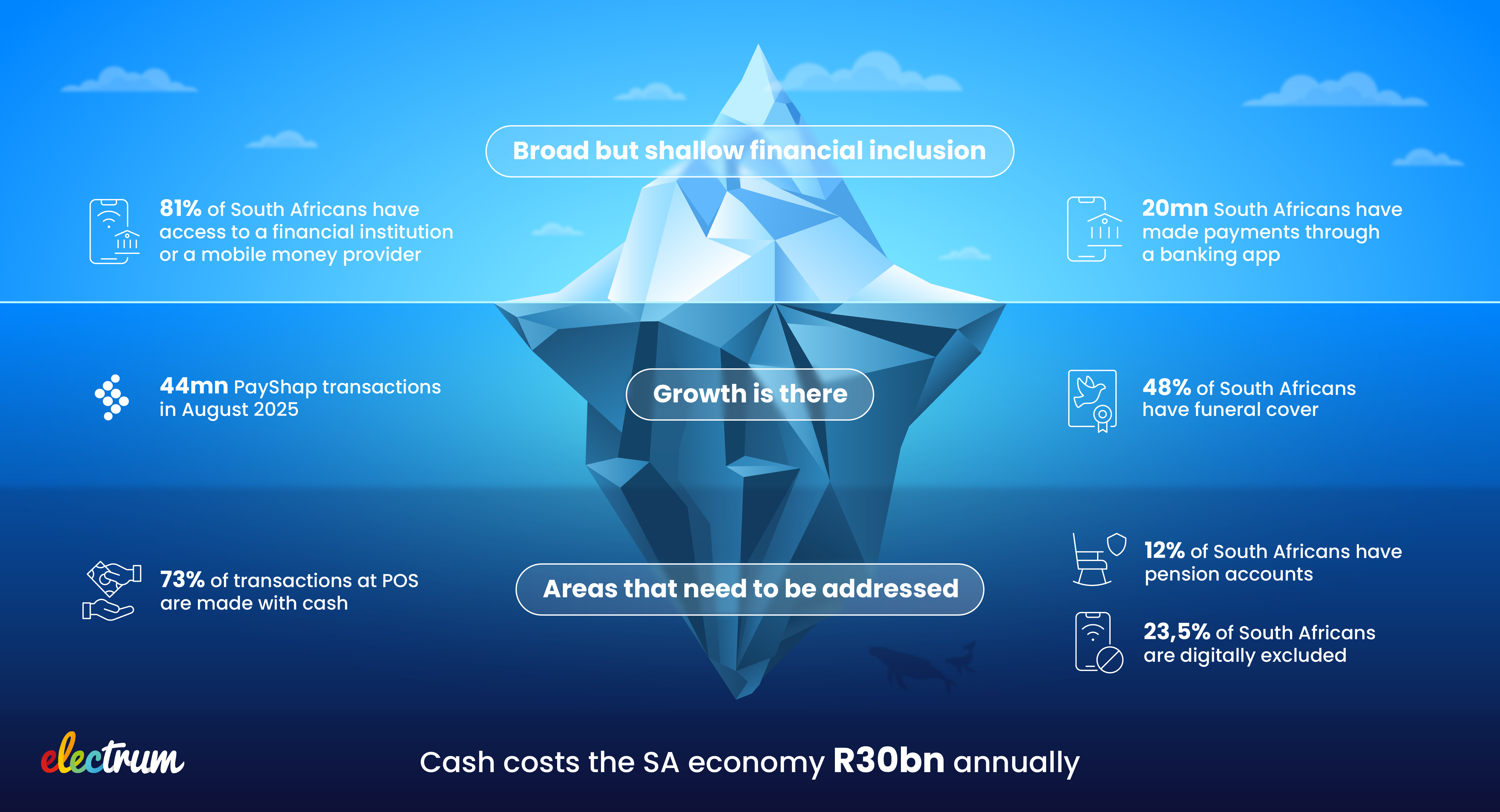 SA financial inclusion iceberg: 81% banking access vs 73% cash used at point-of-sale. Cash costs the economy R30 billion annually.